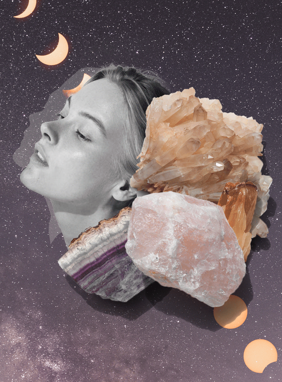 Horoscope image of crystals and moons with a model in centre